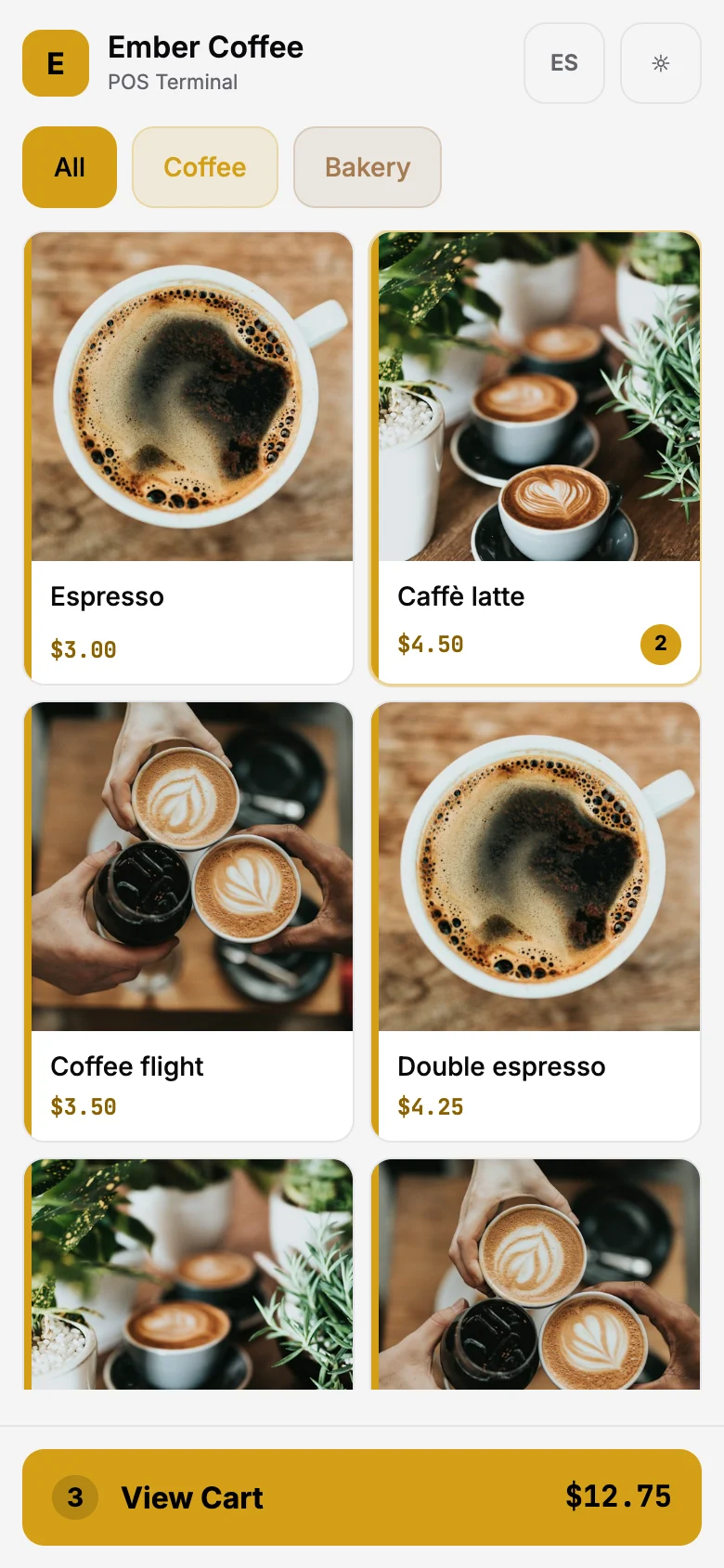 SatsRail POS showing coffee and bakery product photos on a phone