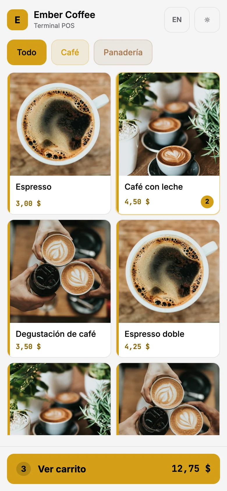 POS de SatsRail con fotos de café y panadería en un teléfono